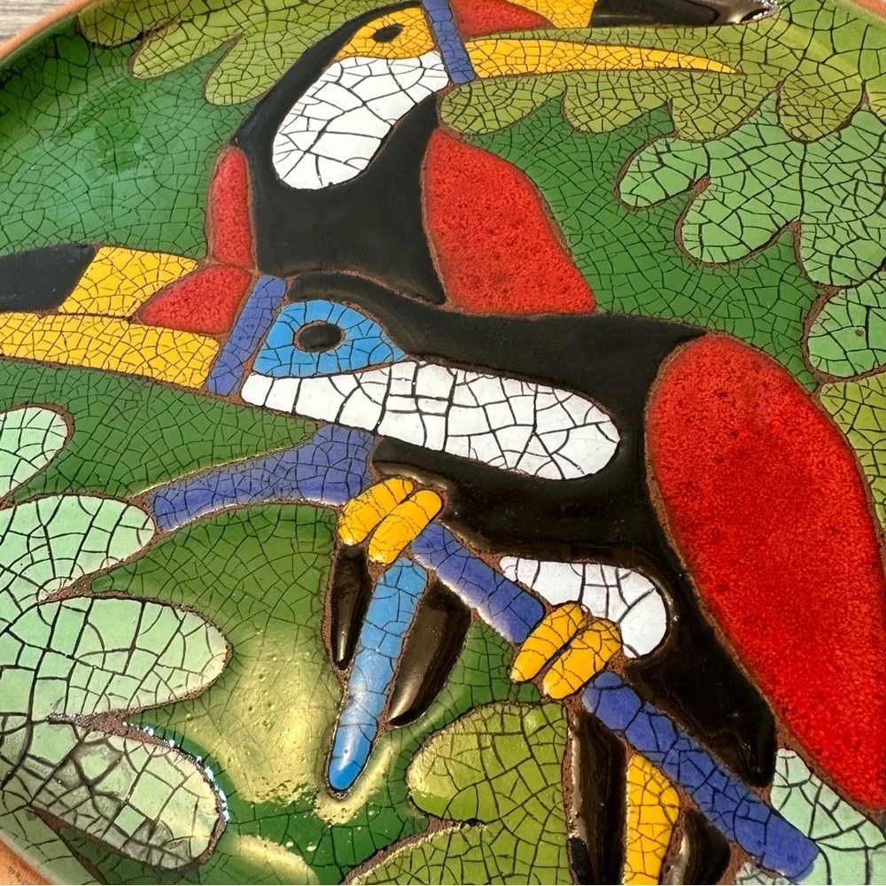Toucan Birds Brazilian Terra Cotta Crackle Glaze 9.5